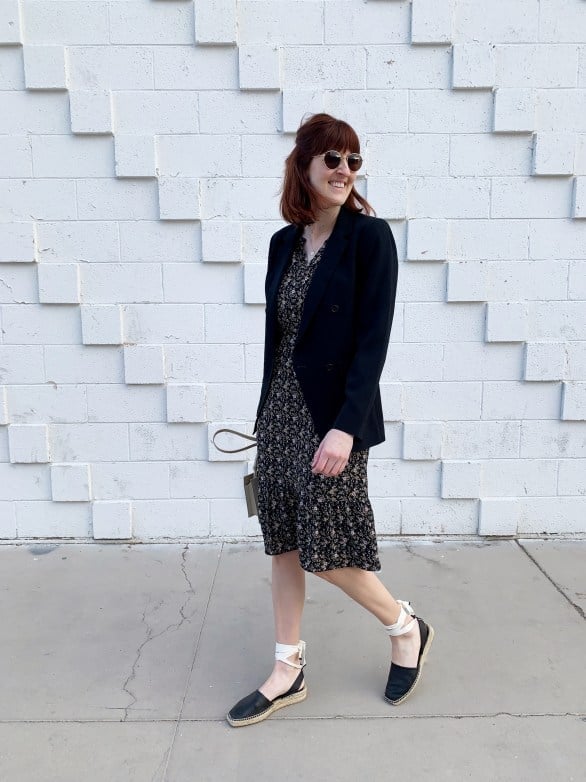 Black Blazer Over Floral Midi Dress Black Blazer Over Floral Midi Dress — Simple Corporate Outfits for Women