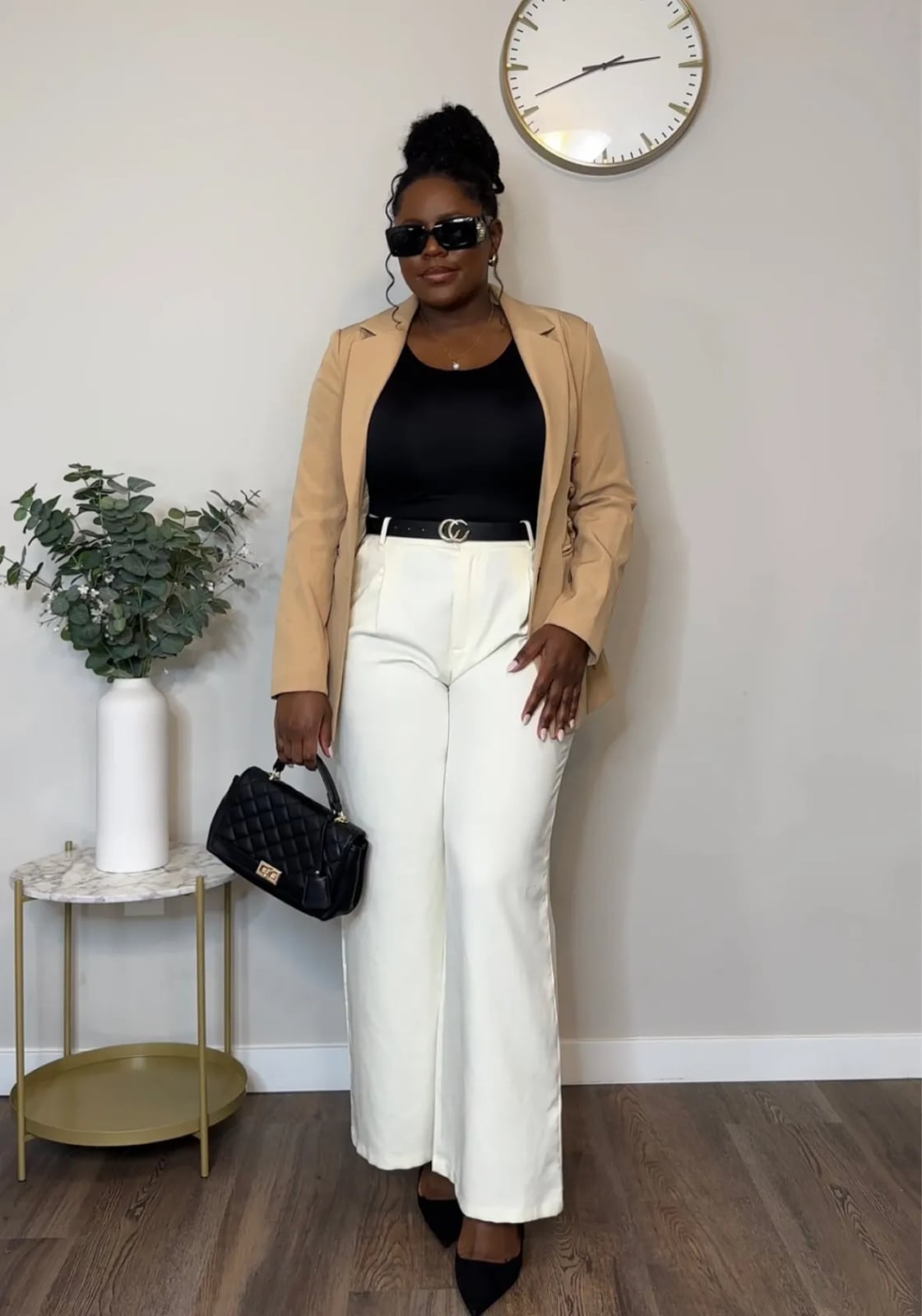 Camel Blazer With Black Tank And White Trousers Camel Blazer With Black Tank And White Trousers — Simple Corporate Outfits for Women
