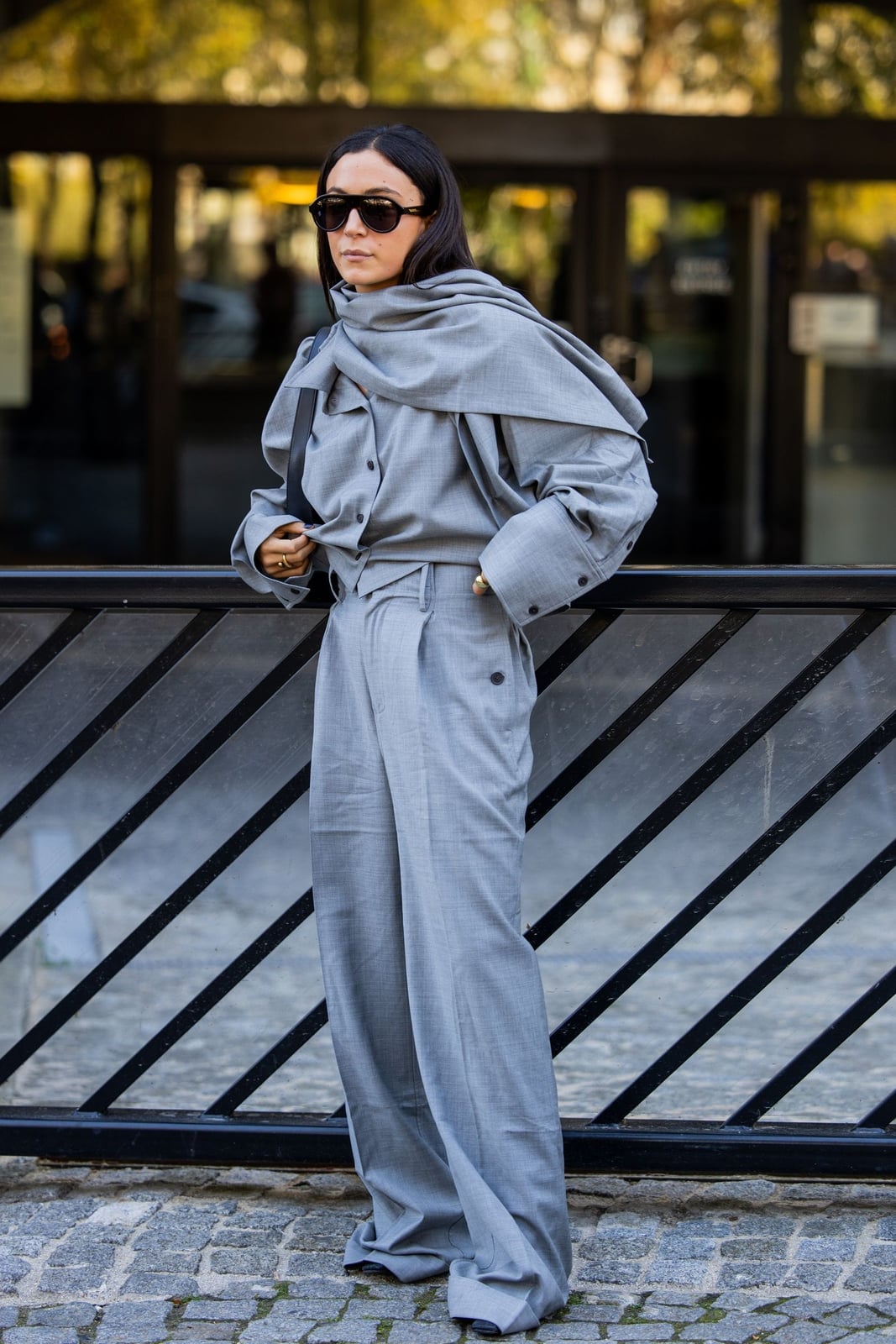 Monochromatic Grey Suit With Draped Scarf Monochromatic Grey Suit With Draped Scarf — Simple Corporate Outfits for Women