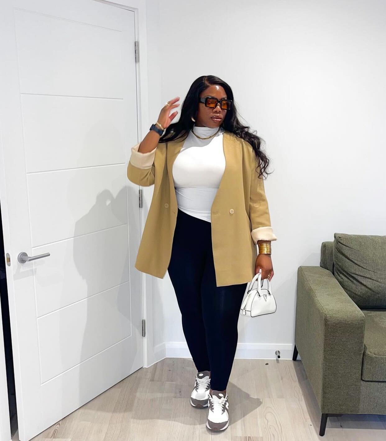 Camel Blazer With White Turtleneck And Leggings Camel Blazer With White Turtleneck And Leggings — Simple Corporate Outfits for Women