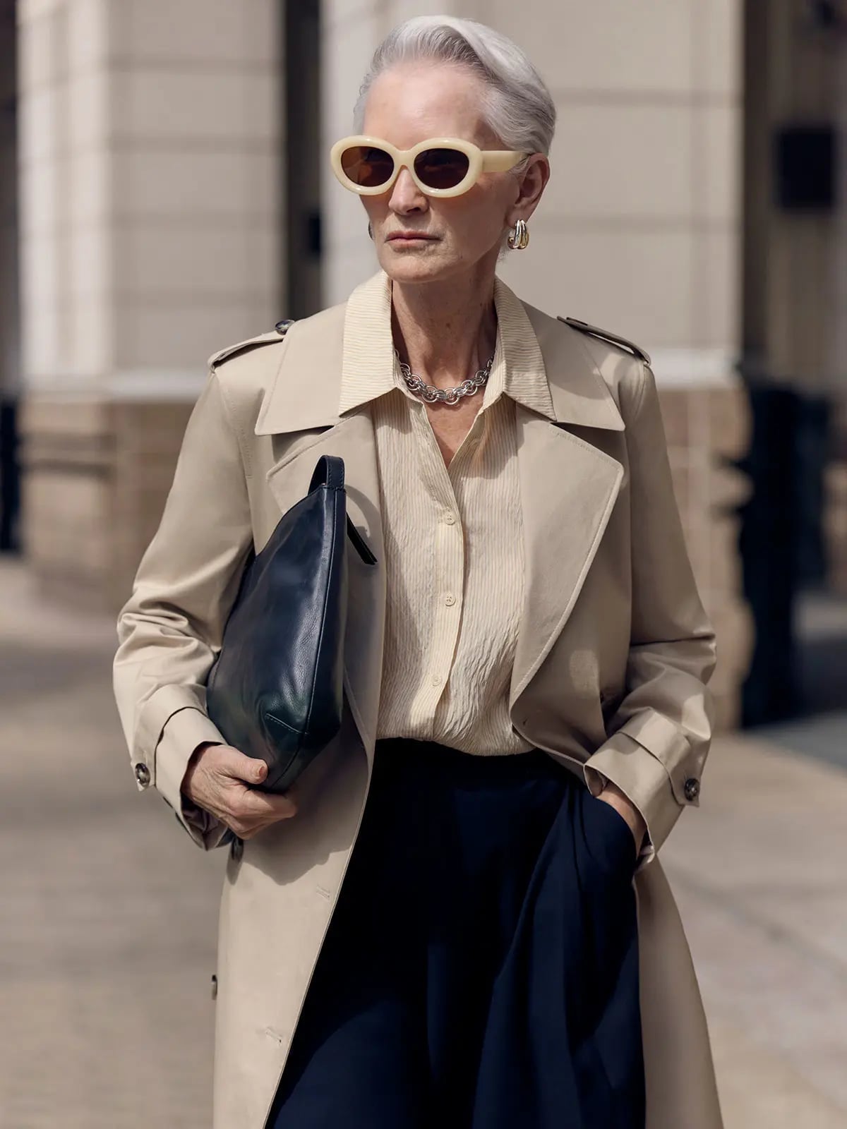 Beige Trench Coat Over Navy Trousers Beige Trench Coat Over Navy Trousers — Simple Corporate Outfits for Women