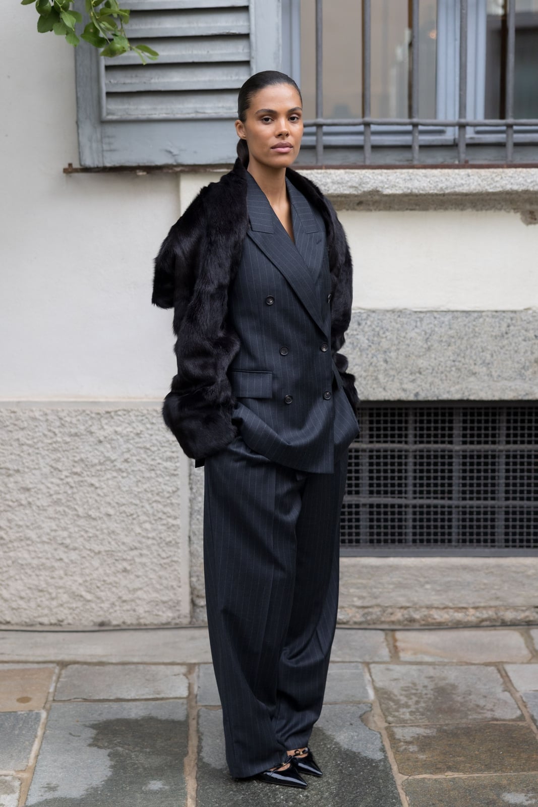 Dark Grey Pinstripe Suit With Fur Trim Dark Grey Pinstripe Suit With Fur Trim — Simple Corporate Outfits for Women