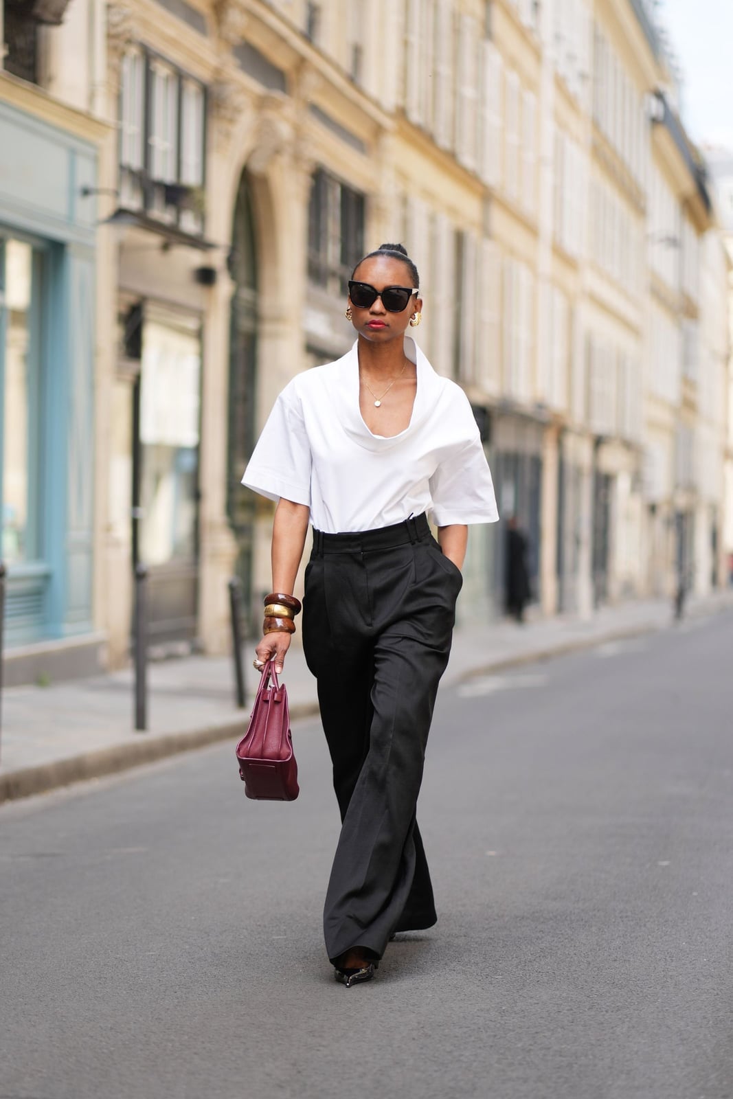 White Cowl Neck Top With Black Wide Leg Trousers White Cowl Neck Top With Black Wide Leg Trousers — Simple Corporate Outfits for Women