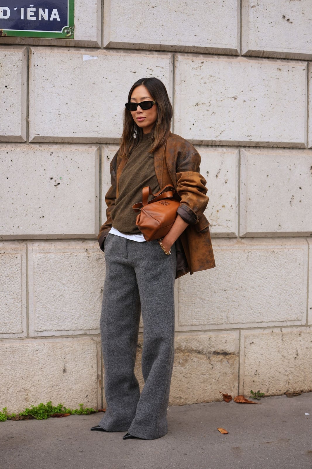 Brown Leather Blazer Over Knit Sweater Brown Leather Blazer Over Knit Sweater — Simple Corporate Outfits for Women