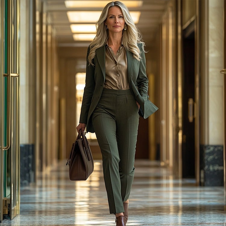 Fitted Olive Green Suit with Silk Blouse Fitted Olive Green Suit with Silk Blouse — Simple Court Outfits