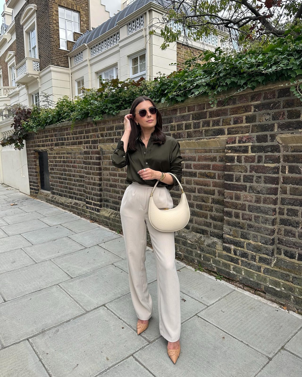 Olive Green Satin Shirt with Wide Leg Trousers Olive Green Satin Shirt with Wide Leg Trousers — Simple Court Outfits