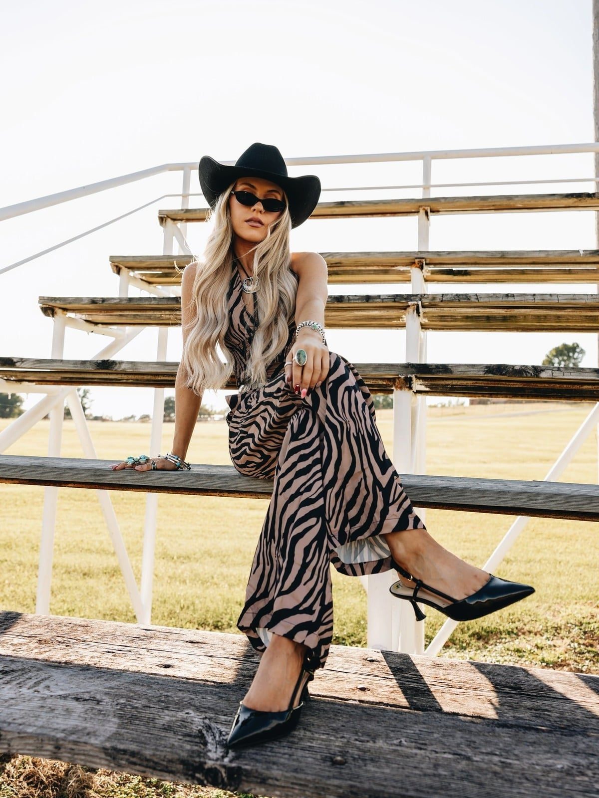Zebra Print Jumpsuit with Black Cowboy Hat Zebra Print Jumpsuit with Black Cowboy Hat — Simple Cowboy Hat Outfits
