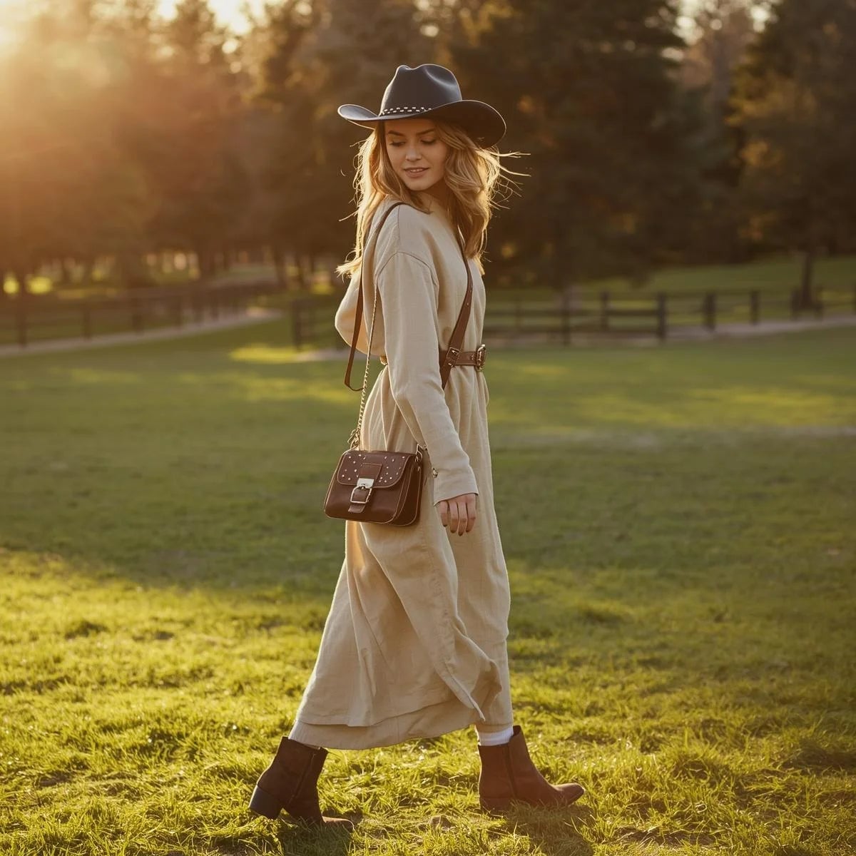Long Beige Dress with Cowboy Hat Long Beige Dress with Cowboy Hat — Simple Cowboy Hat Outfits