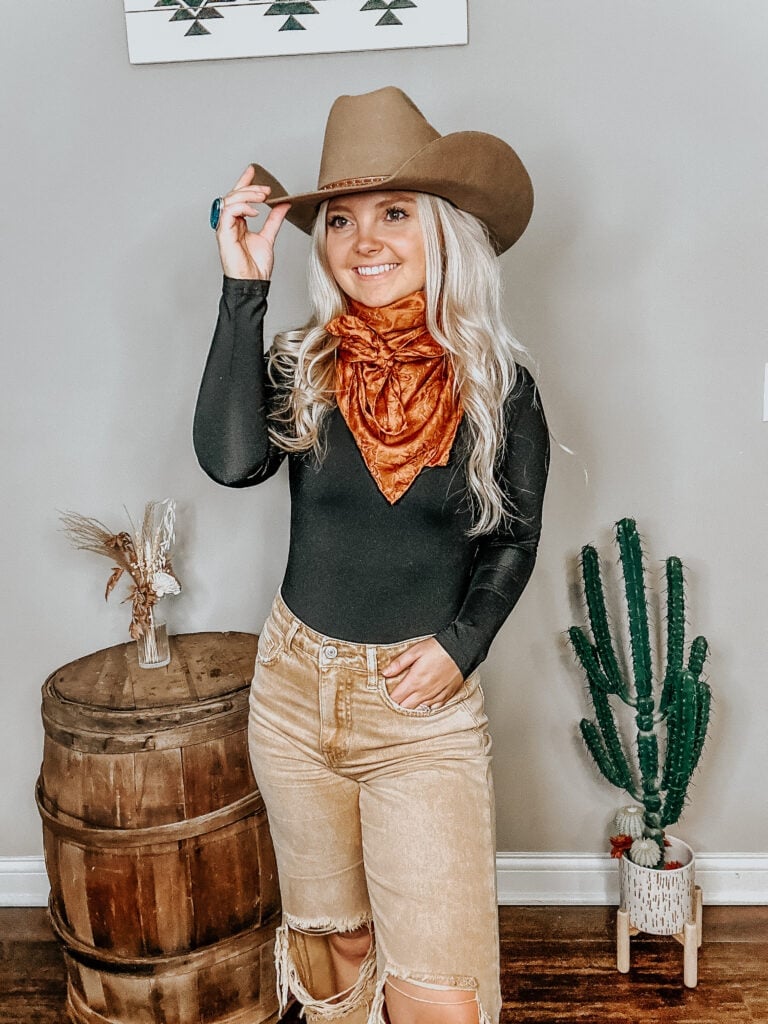 Distressed Jeans with Bandana and Cowboy Hat Distressed Jeans with Bandana and Cowboy Hat — Simple Cowboy Hat Outfits