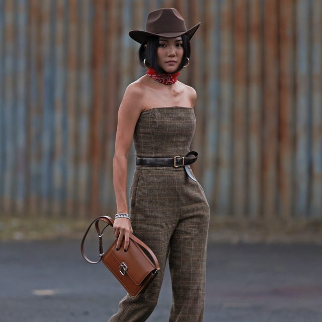 Strapless Tweed Jumpsuit with Bandana and Cowboy Hat Strapless Tweed Jumpsuit with Bandana and Cowboy Hat — Simple Cowboy Hat Outfits