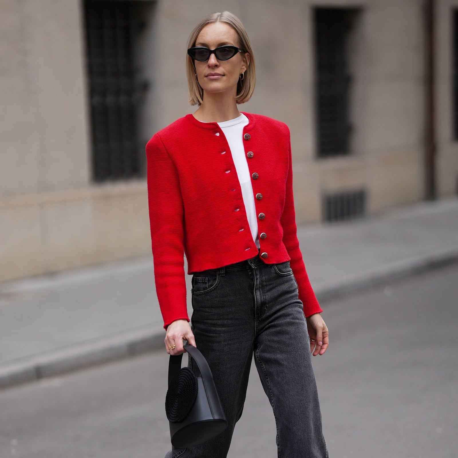 Red Textured Cropped Jacket With Grey Jeans — Simple Cropped Cardigan Outfits