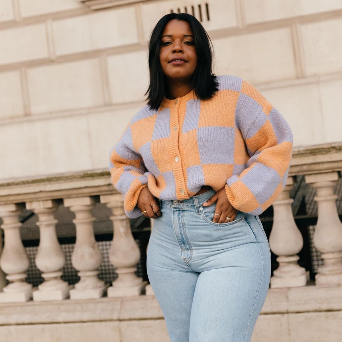 Checkerboard Cropped Cardigan With Light Wash Jeans — Simple Cropped Cardigan Outfits