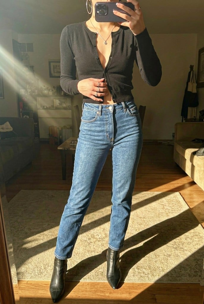 Black Button-Front Cardigan With High-Waisted Jeans — Simple Cropped Cardigan Outfits