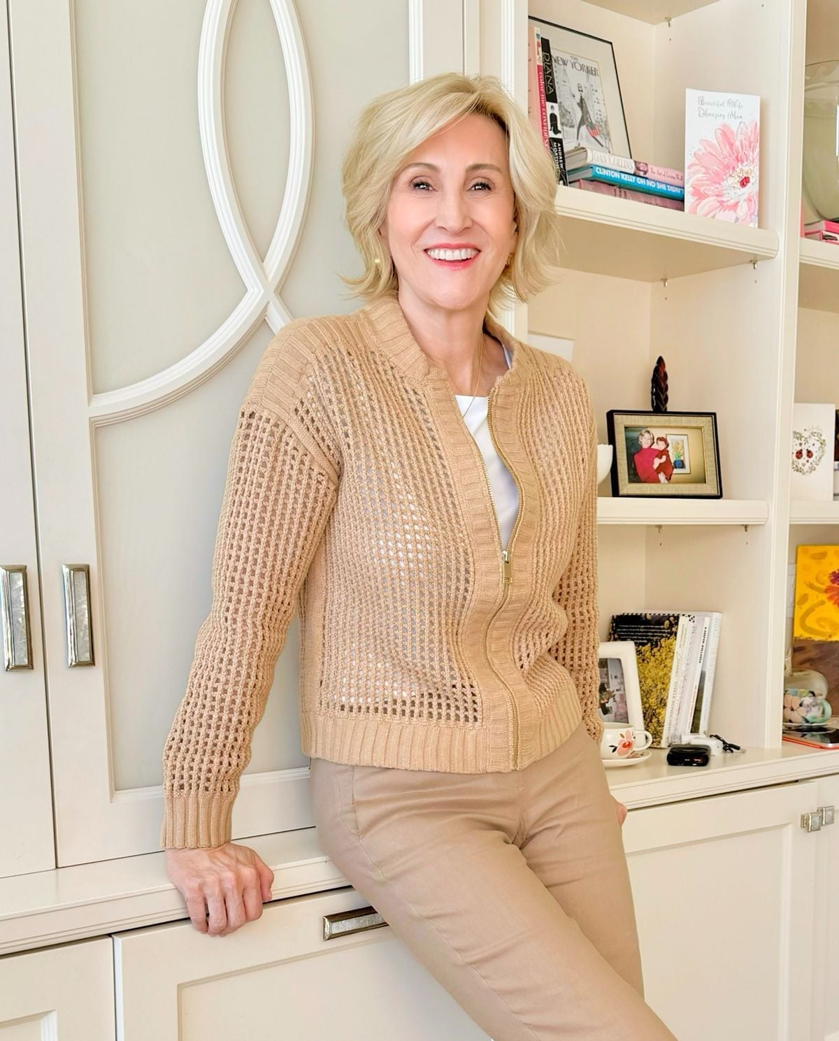 Beige Mesh Zip-Up Cardigan With Tan Trousers — Simple Cropped Cardigan Outfits