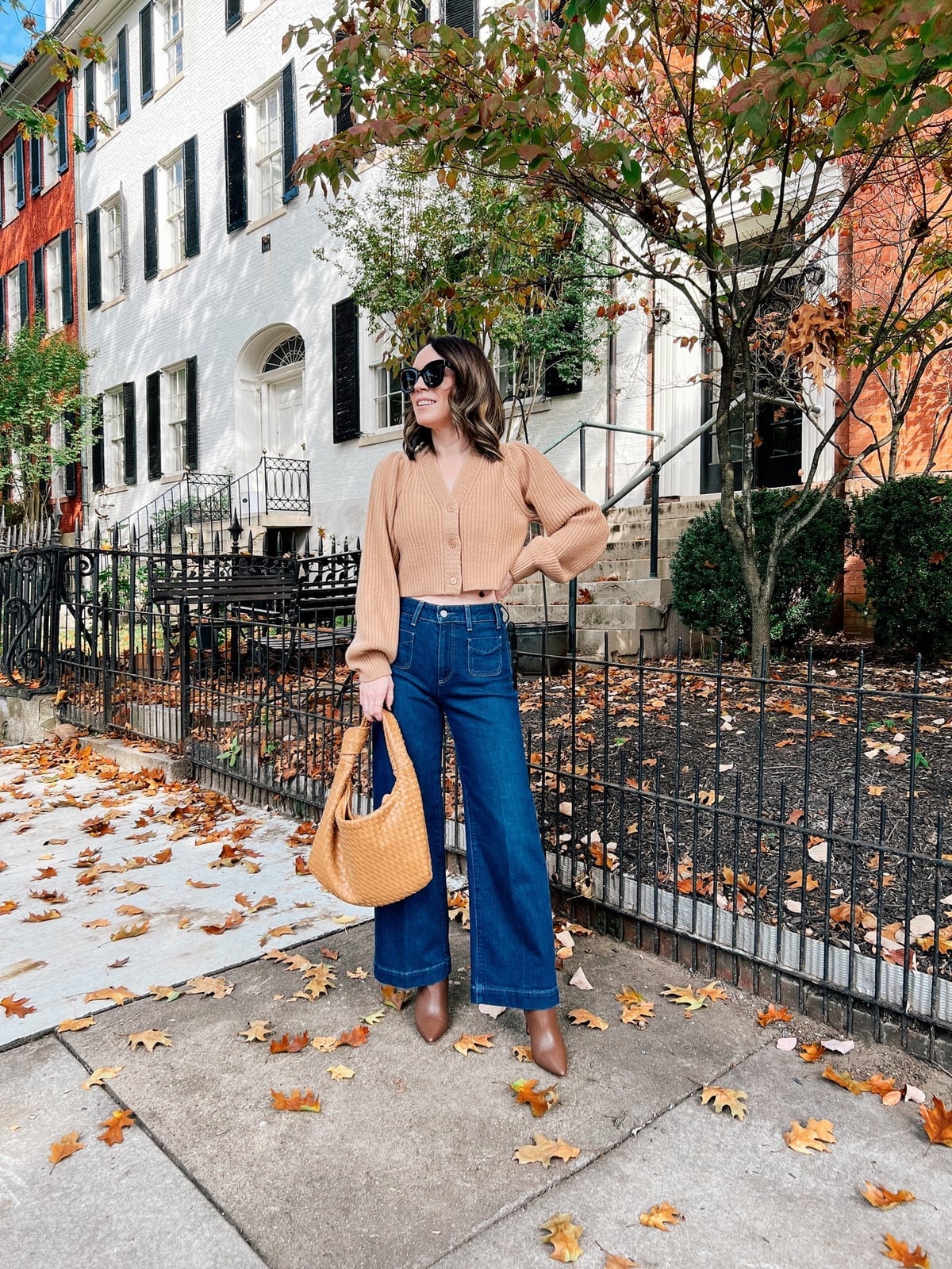 Camel Cropped Cardigan With Wide Leg Jeans — Simple Cropped Cardigan Outfits