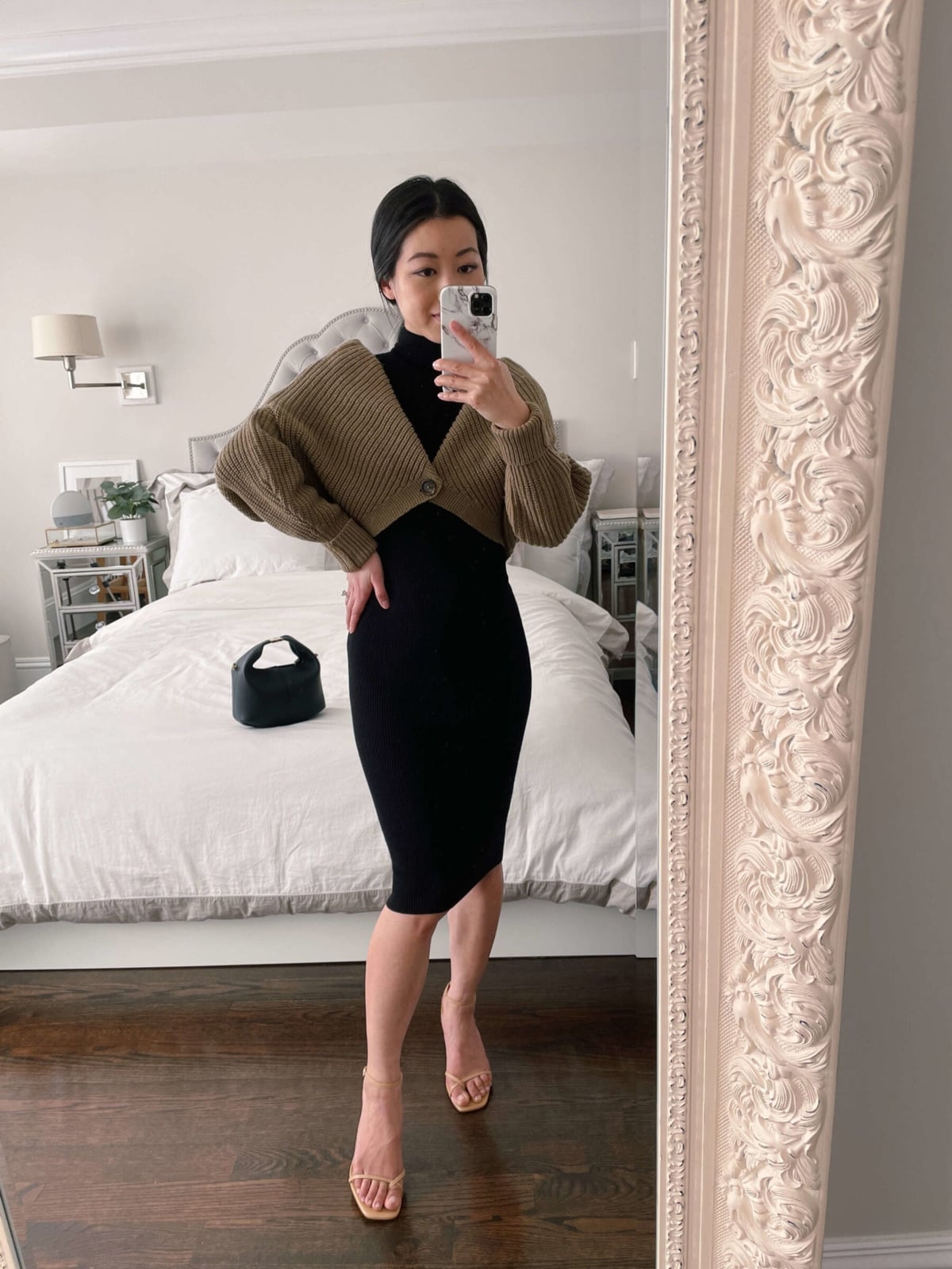 Khaki Green Cardigan Over Black Turtleneck — Simple Cropped Cardigan Outfits