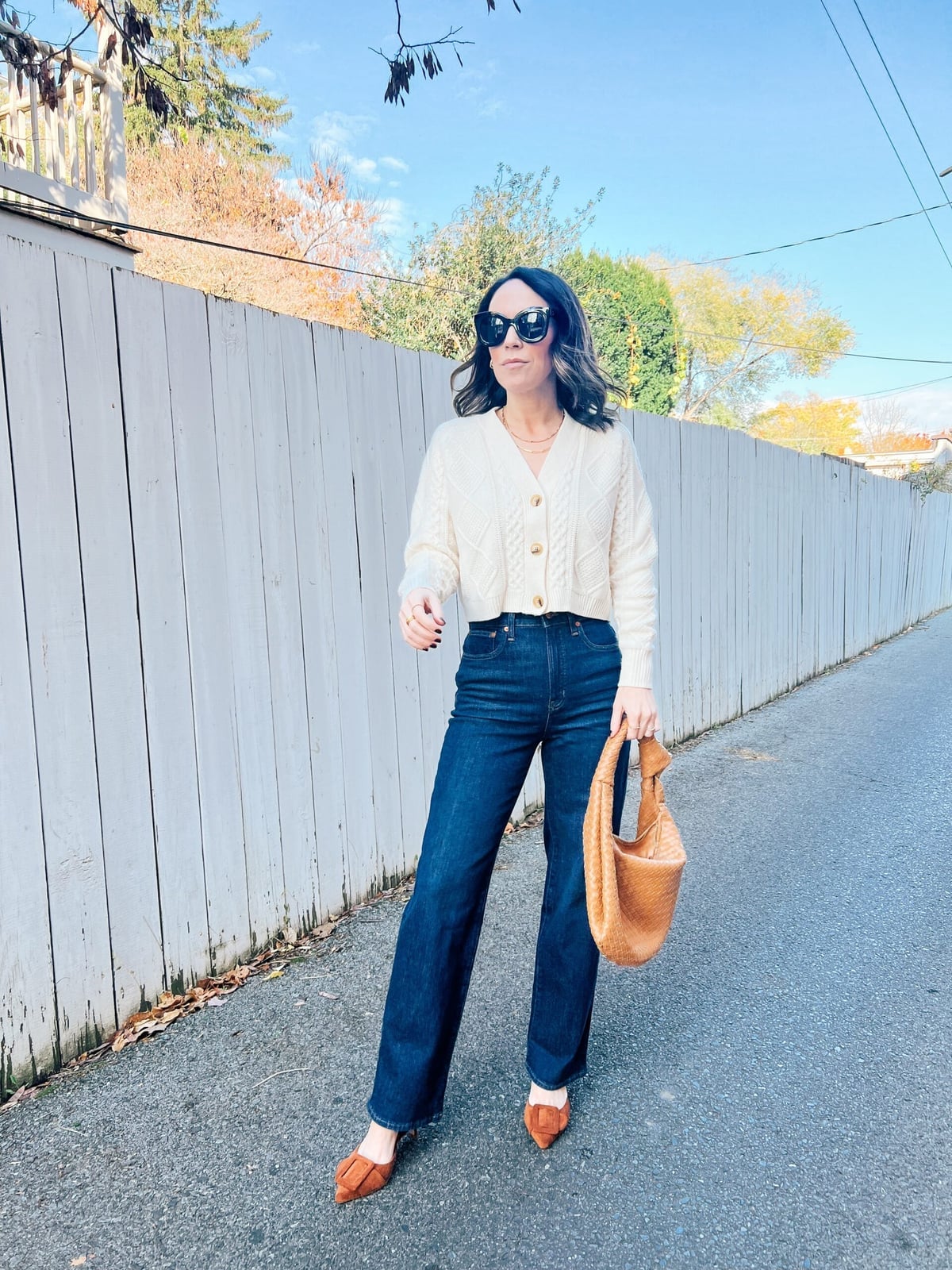 Cream Cable Knit Cardigan With Dark Wash Jeans — Simple Cropped Cardigan Outfits