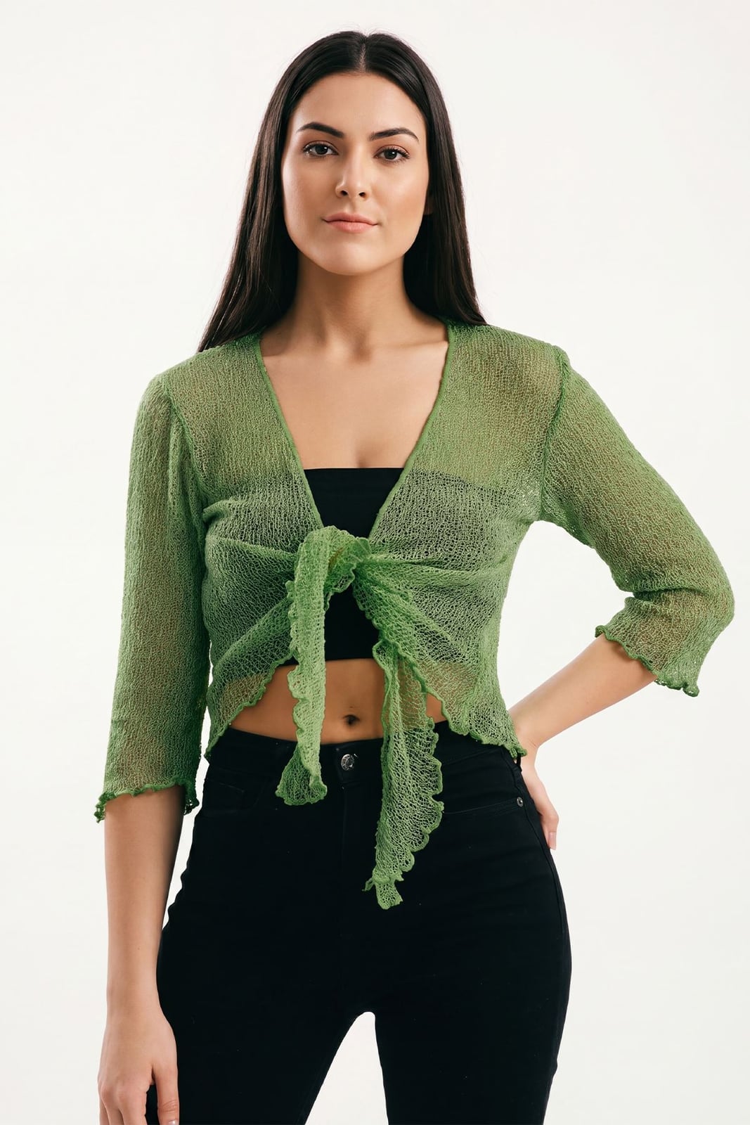 Green Sheer Bolero Cardigan With Tie Front — Simple Cropped Cardigan Outfits
