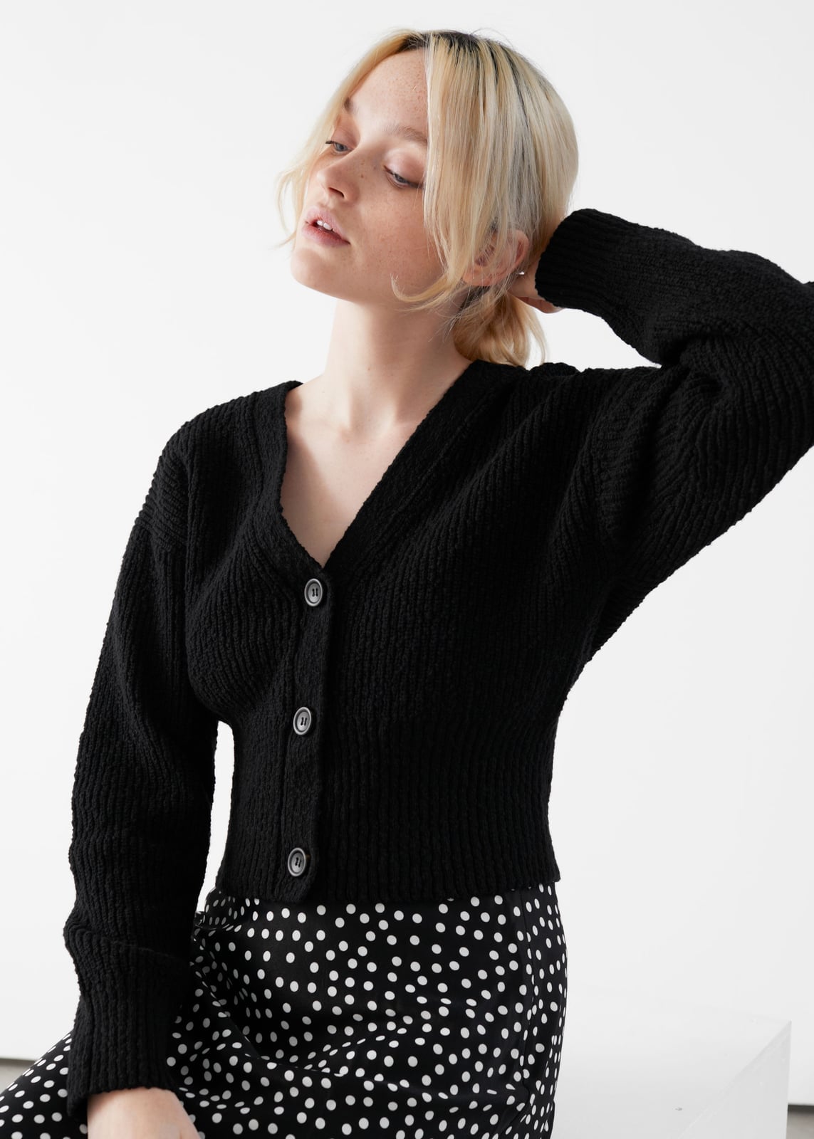 Black Textured Cardigan With Polka Dot Skirt — Simple Cropped Cardigan Outfits