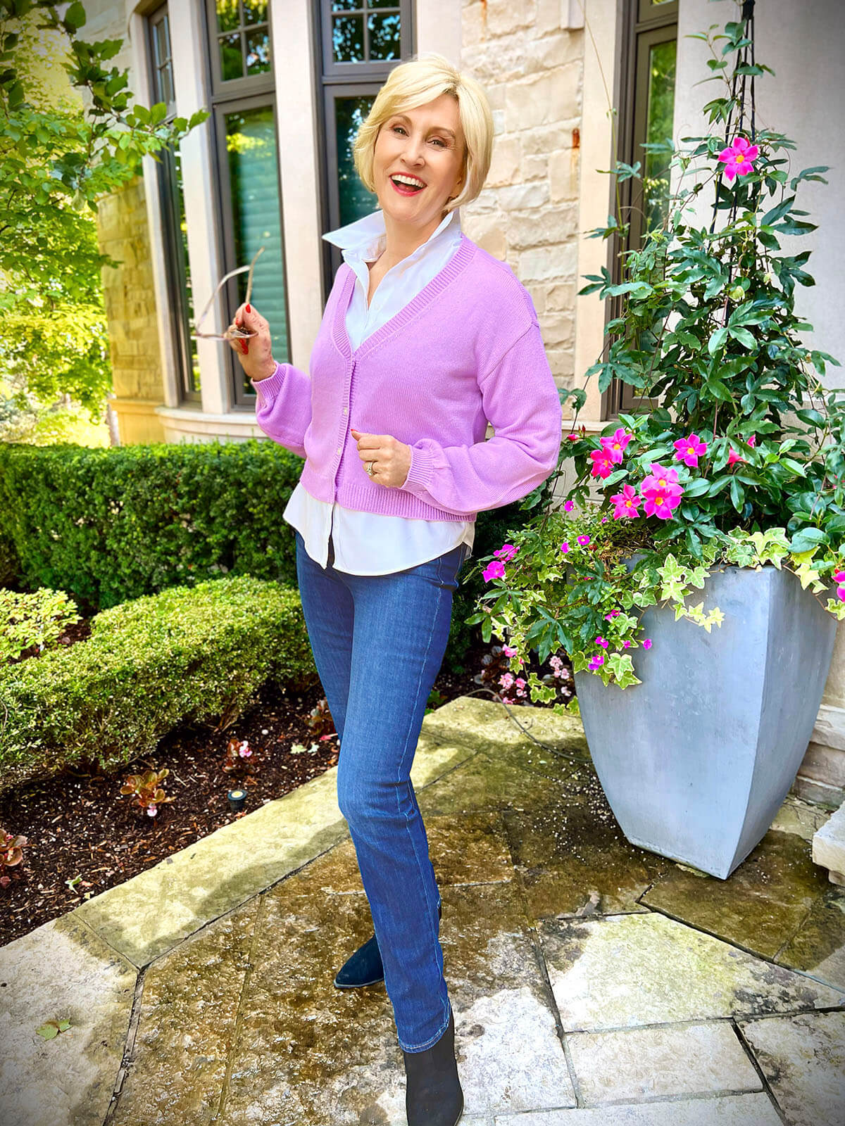 Lilac Cropped Cardigan With Collared Shirt — Simple Cropped Cardigan Outfits