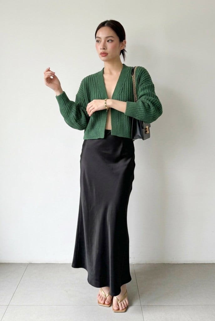Green Cropped Cardigan With Slip Dress — Simple Cropped Cardigan Outfits