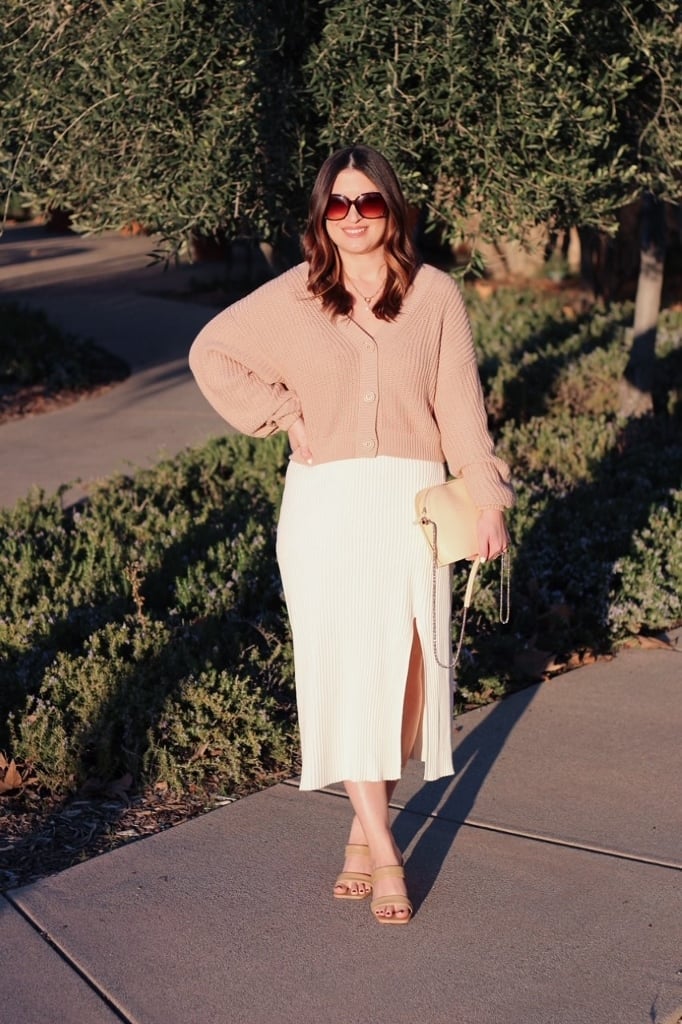 Pale Pink Cropped Cardigan With White Midi Skirt — Simple Cropped Cardigan Outfits