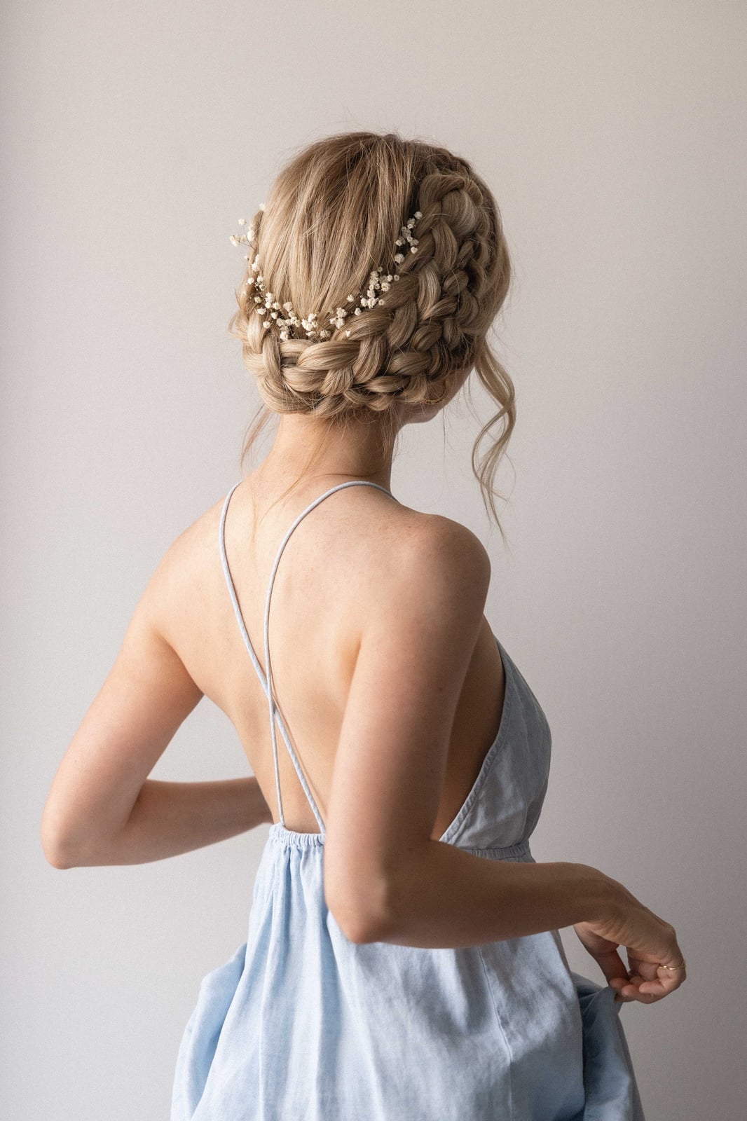 Thick Wavy Blonde Crown Braid Pearls, Mid-Back — Simple Crown Braid
