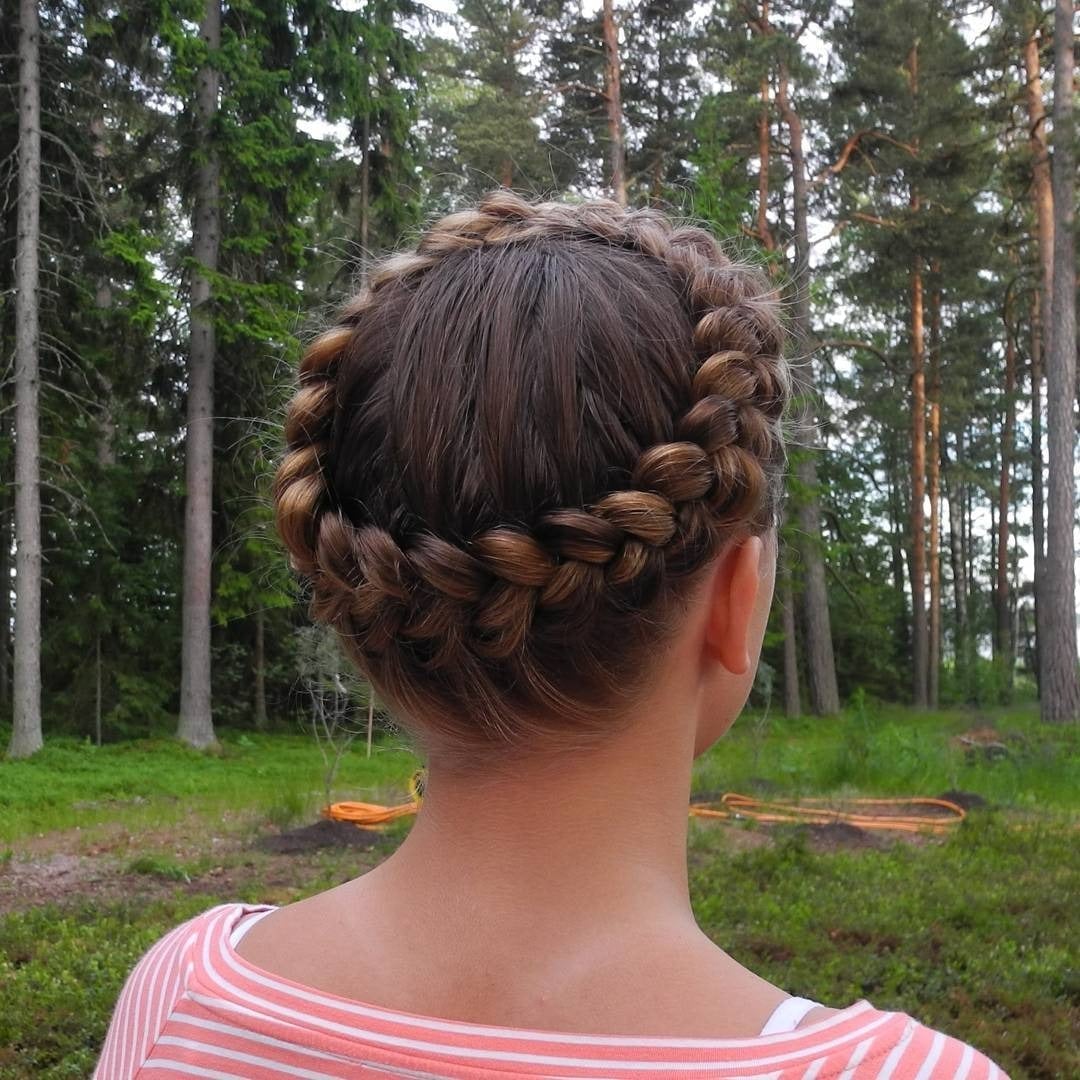 Thick Braided Crown Ash Blonde Curtain Bangs — Simple Crown Braid
