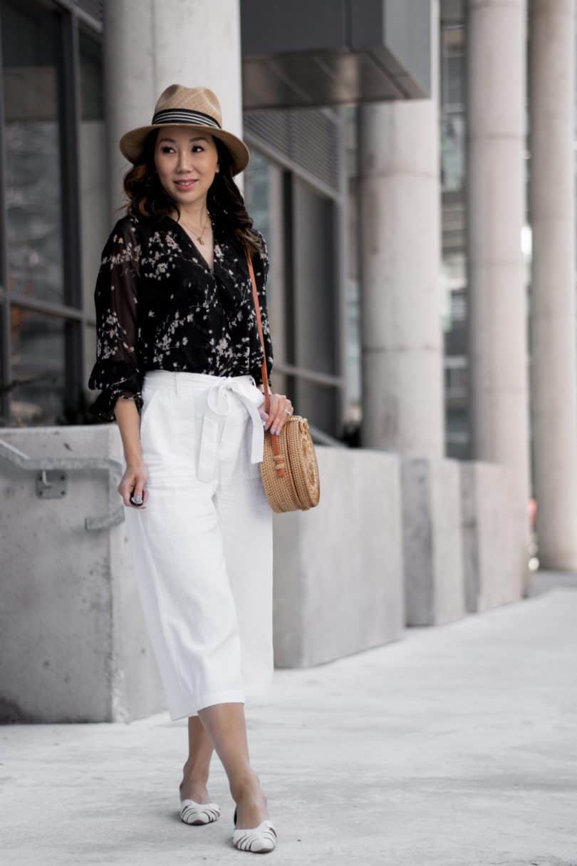 White Tie Waist Culottes With A Sheer Floral Blouse — Simple Culottes Outfits