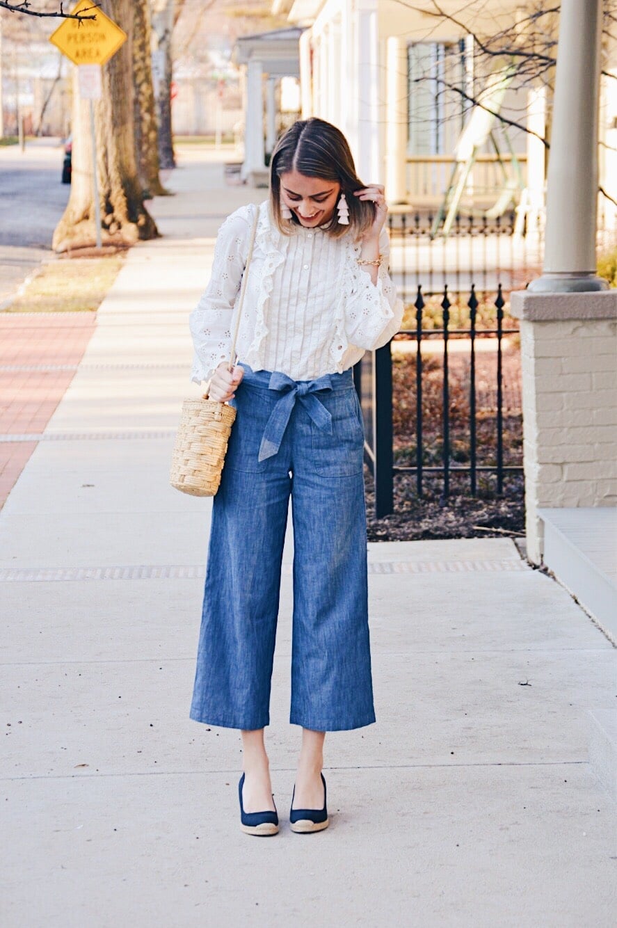 Denim Culottes With A White Ruffled Blouse — Simple Culottes Outfits