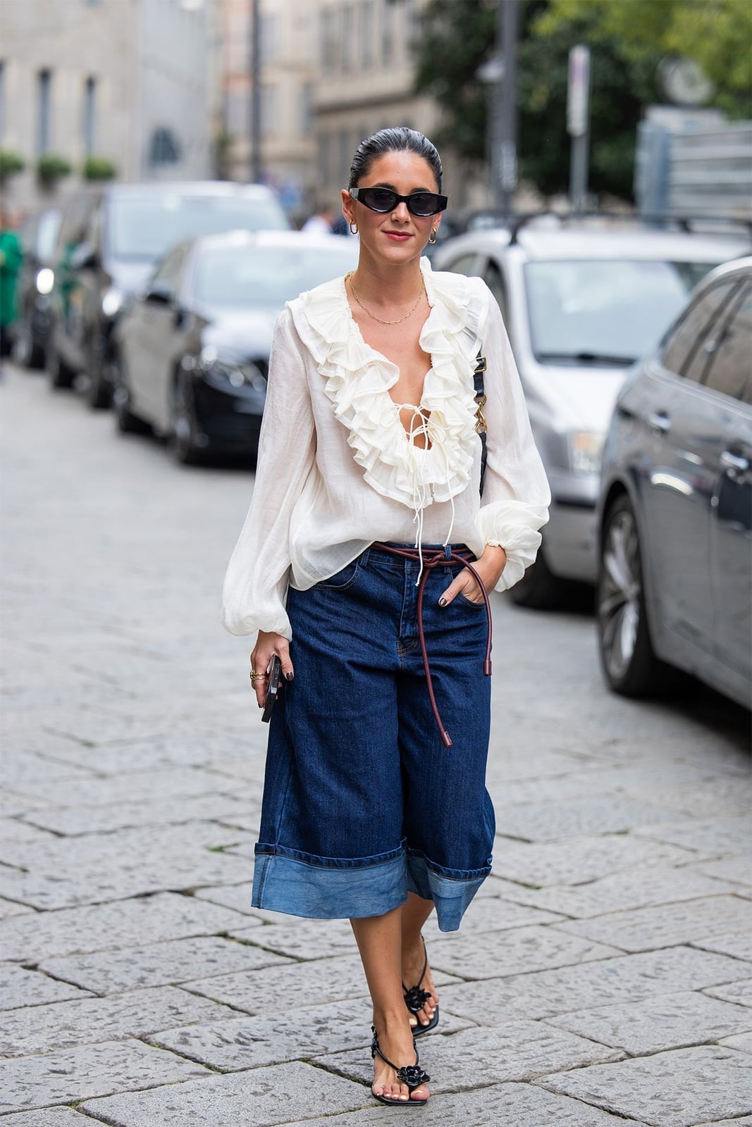 Denim Culottes With A White Ruffled Tie Neck Blouse — Simple Culottes Outfits