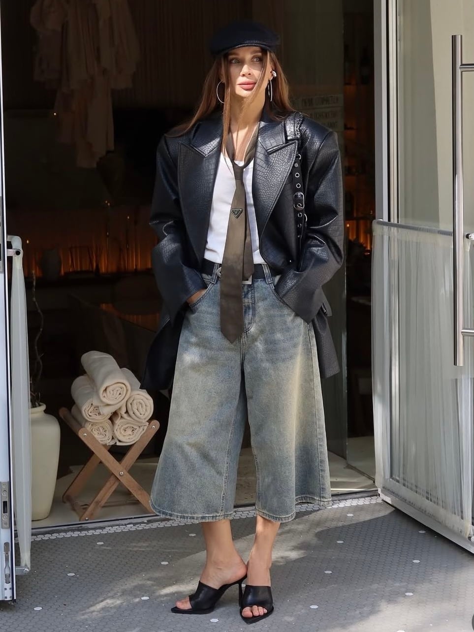 Light Wash Denim Culottes With Faux Leather Blazer — Simple Culottes Outfits