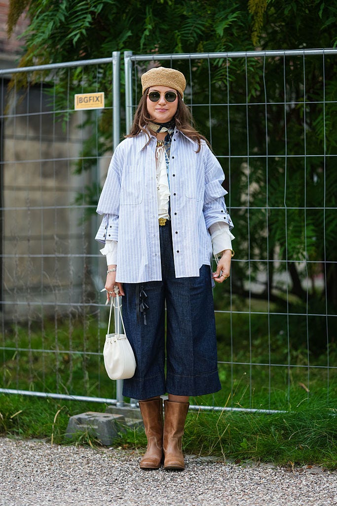 Dark Denim Culottes With Layered Shirts And Boots — Simple Culottes Outfits