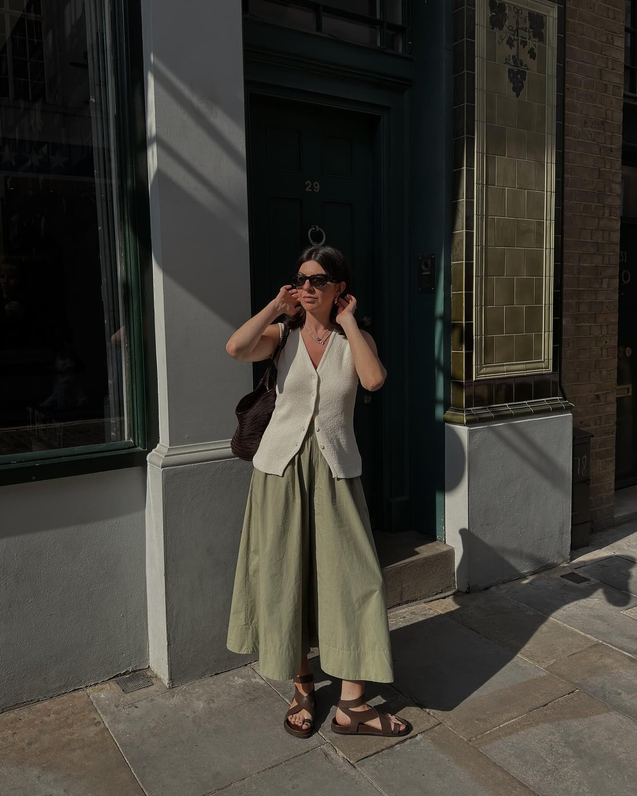 Olive Green Culottes With A Cream Knit Vest — Simple Culottes Outfits