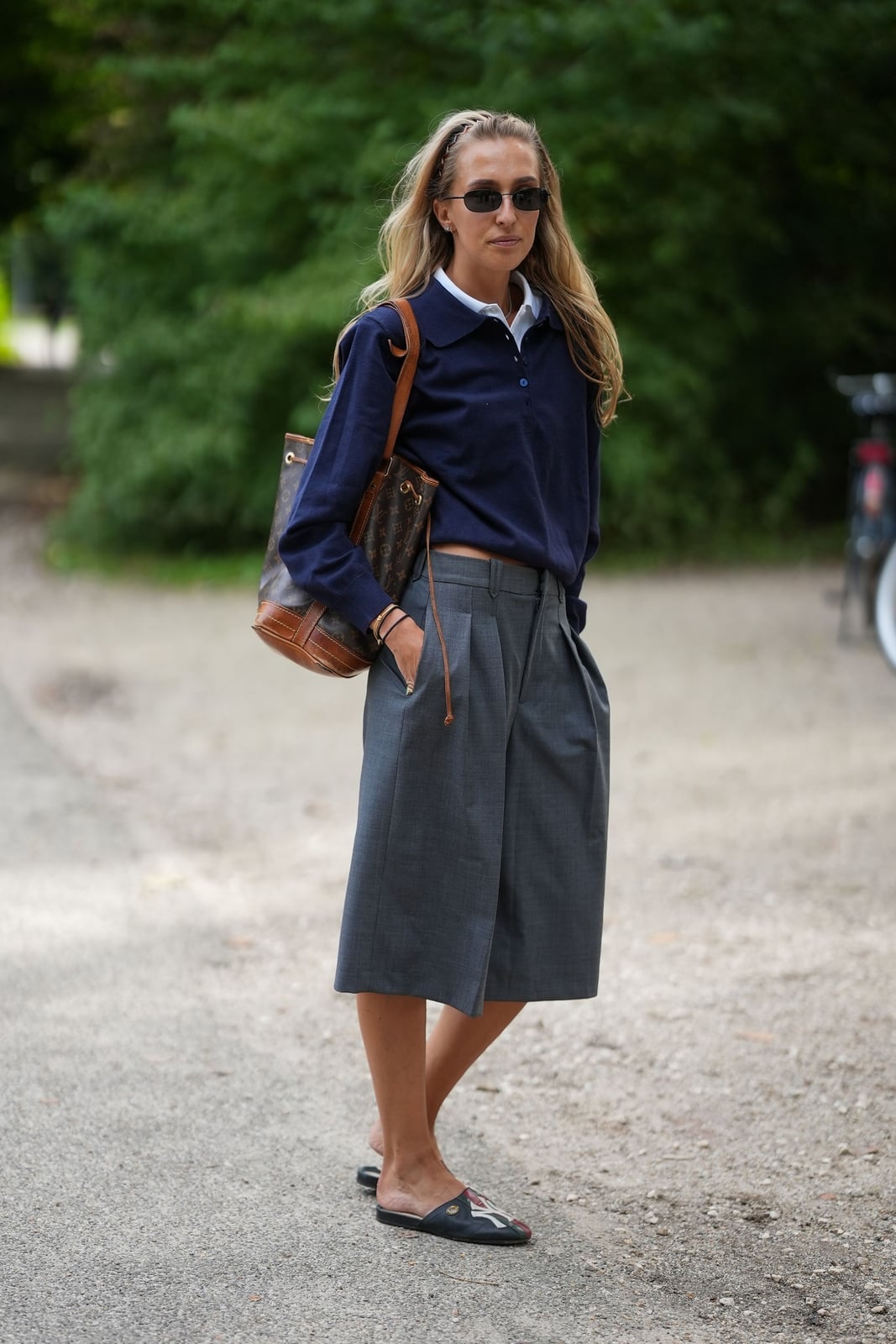 Grey Pleated Culottes With Navy Layered Shirts — Simple Culottes Outfits