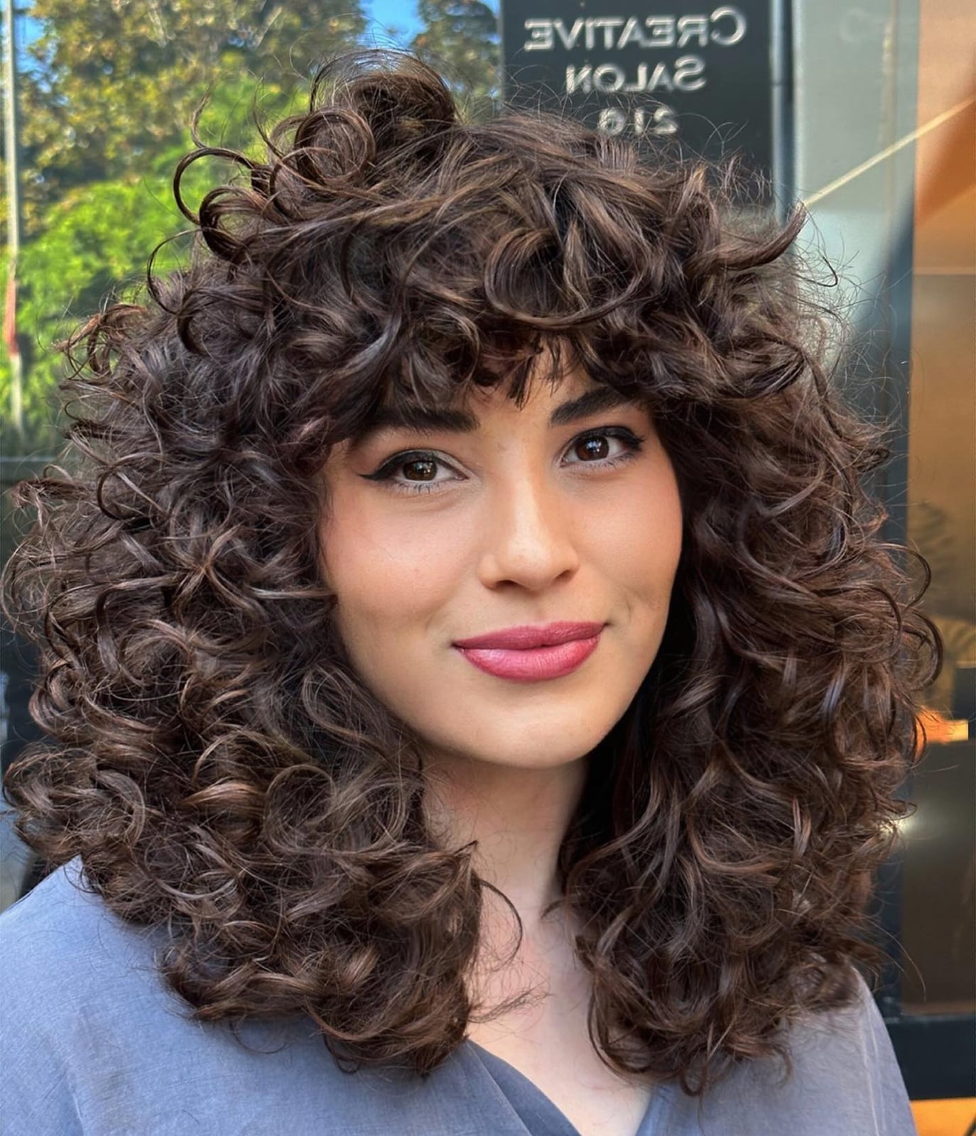 Collarbone Length Dark Brown Curly Hair — Simple Curly Bangs