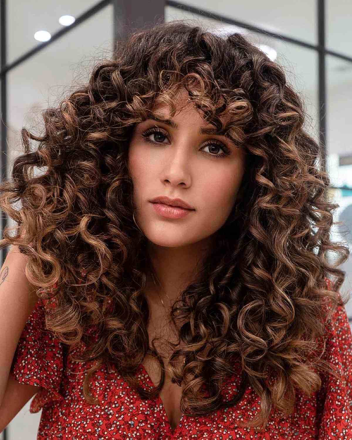 Mid-Back Length With Full Curly Bangs — Simple Curly Bangs