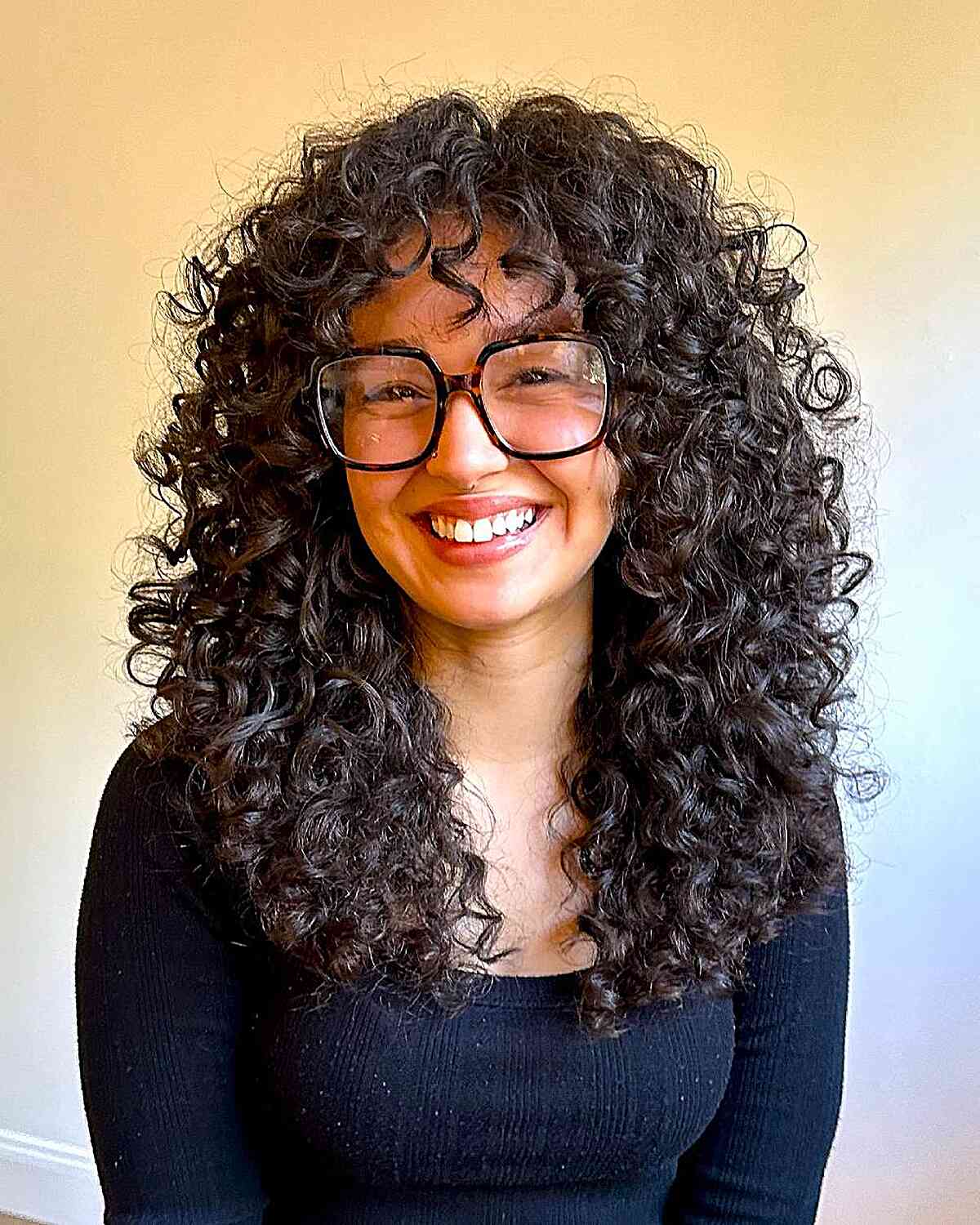 Mid-Back Dark Brown Hair With Full Bangs — Simple Curly Bangs