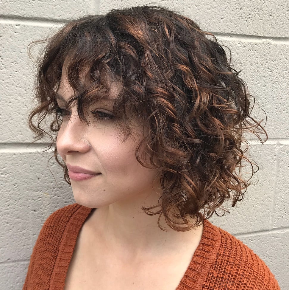Collarbone Dark Brown Bob With Auburn Highlights and Full Bangs — Simple Curly Bob Hairstyles