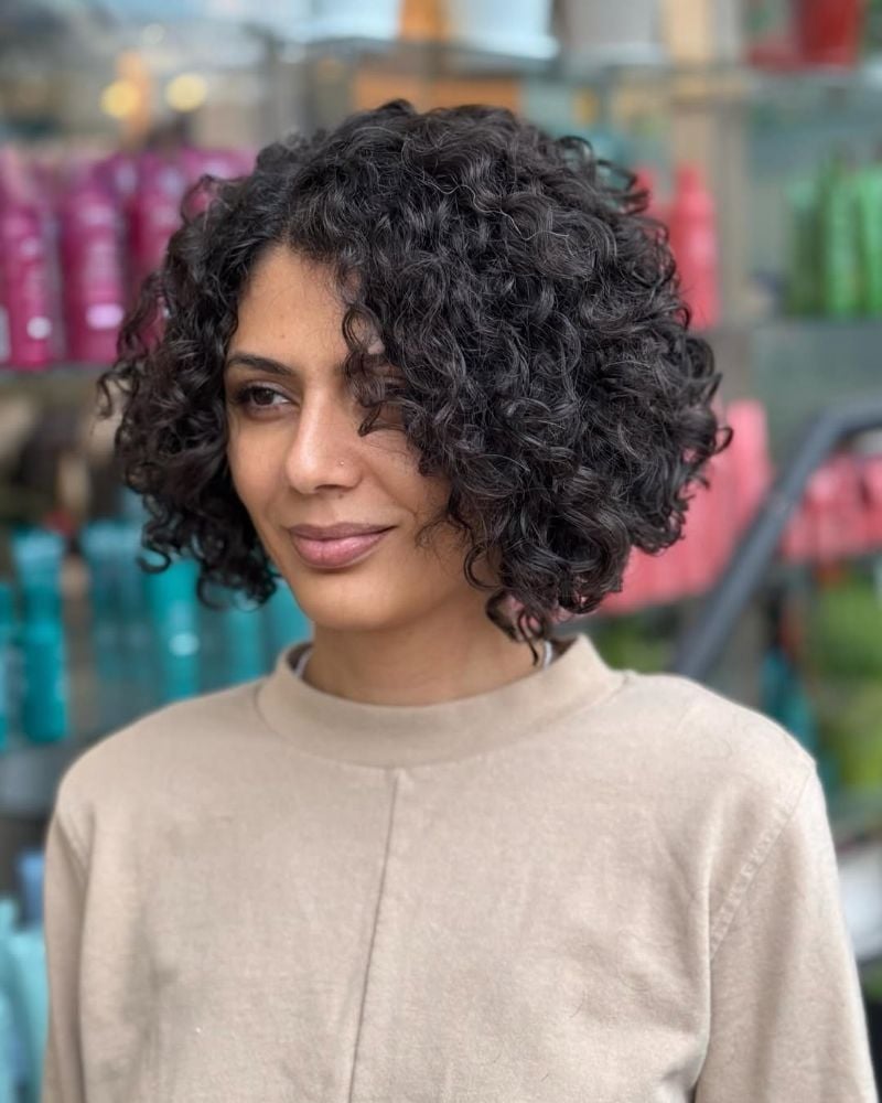 Dark Brown Curly Bob With Curtain Bangs — Simple Curly Bob Hairstyles