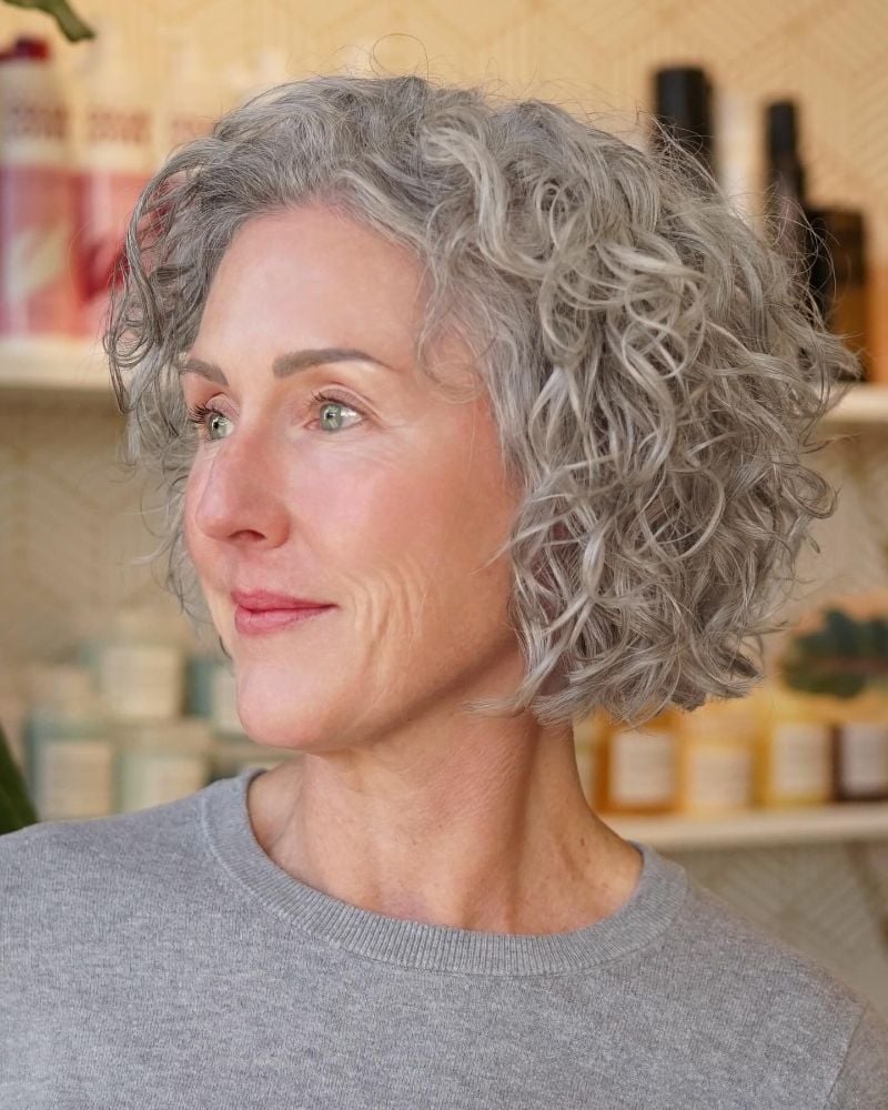 Collarbone Length Grey Bob With Defined Curls — Simple Curly Bob Hairstyles