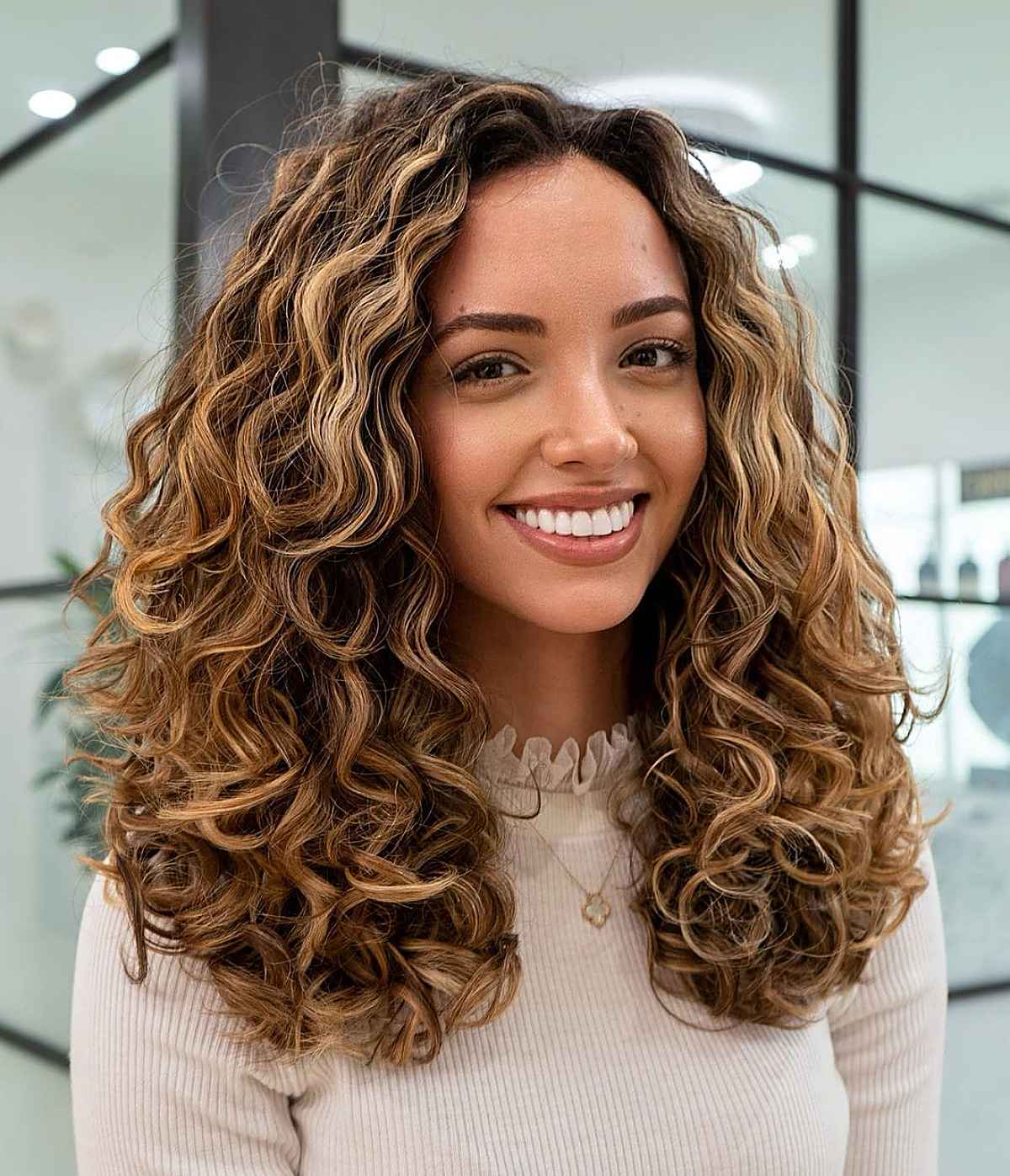 Mid-Back Layers With Face-Framing Caramel Highlights — Simple Curly Hair Highlights