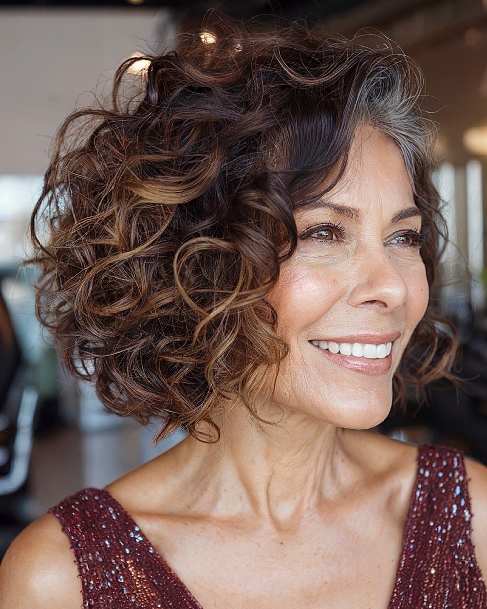 Chin Length Bob With Side Swept Bangs — Simple Curly Hair Highlights