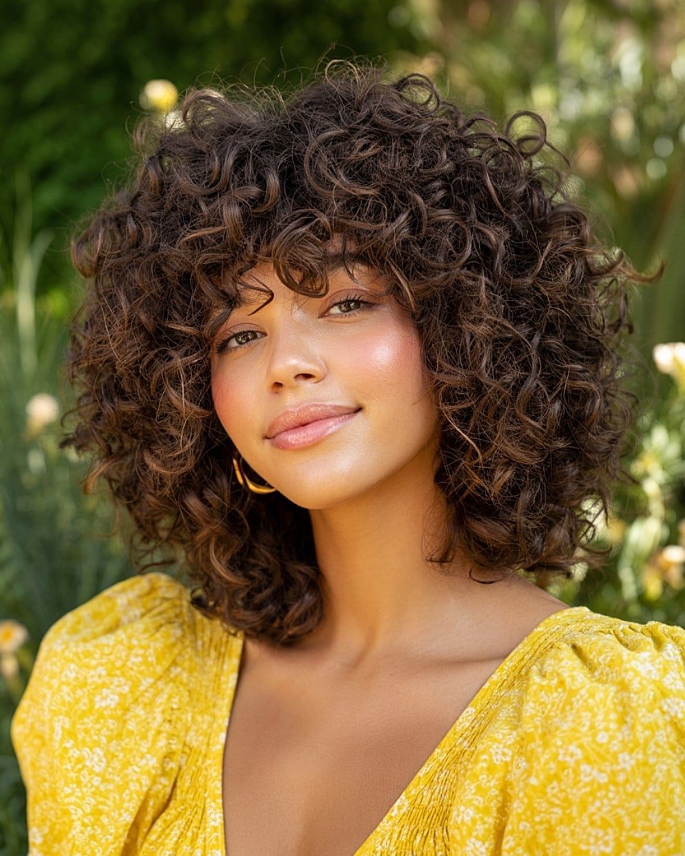 Shoulder Length Dark Brown Curly Shag With Full Fringe Shoulder Length Dark Brown Curly Shag With Full Fringe — Simple Curly Shag