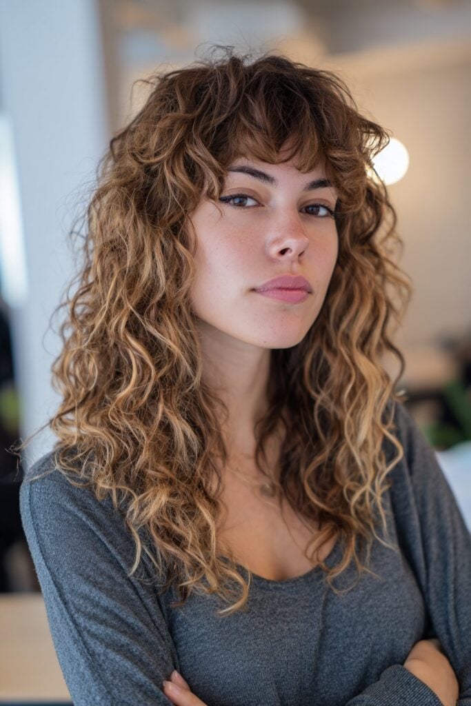 Shoulder Honey Blonde Shag With Wispy Bangs and Balayage Shoulder Honey Blonde Shag With Wispy Bangs and Balayage — Simple Curly Shag