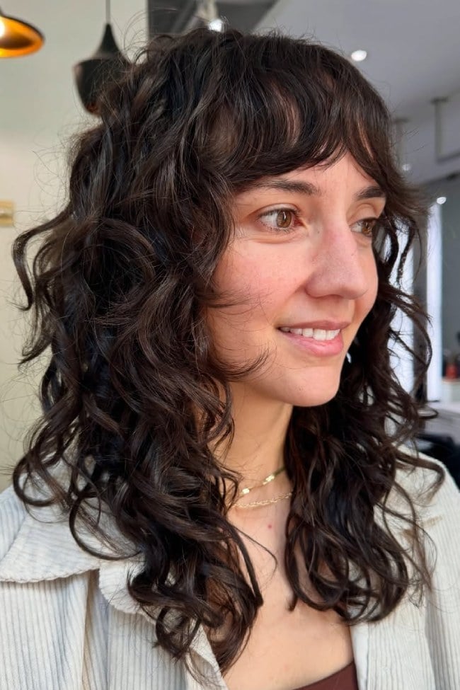 Collarbone Dark Brown Shag With Soft Fringe and Side Part Collarbone Dark Brown Shag With Soft Fringe and Side Part — Simple Curly Shag