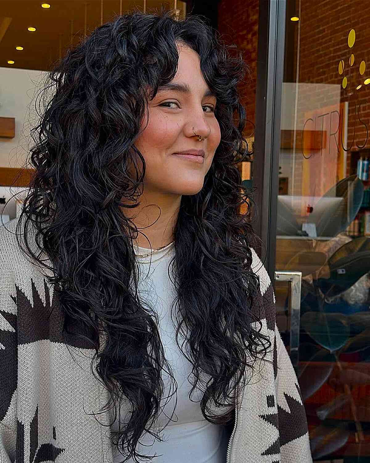 Mid-Back Dark Brown Shag With Curtain Bangs and Side Part Mid-Back Dark Brown Shag With Curtain Bangs and Side Part — Simple Curly Shag