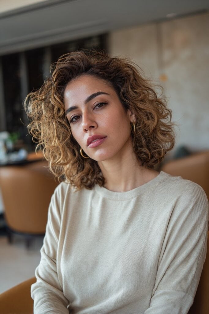 Shoulder Length Shag With Short Fringe and Auburn Tones and Air Dried Shoulder Length Shag With Short Fringe and Auburn Tones and Air Dried — Simple Curly Shag