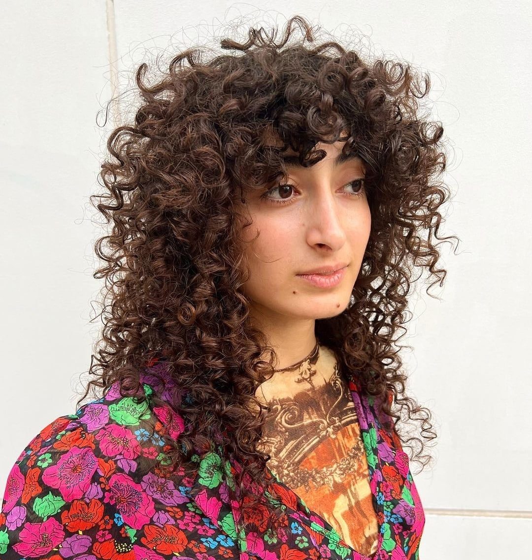 Shoulder Length Solid Dark Brown Shag With Full Bangs, Middle Shoulder Length Solid Dark Brown Shag With Full Bangs, Middle — Simple Curly Shag