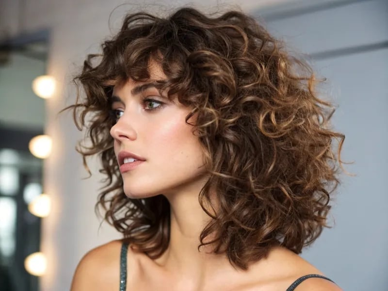 Collarbone Shag With Wispy Bangs and Caramel Highlights Collarbone Shag With Wispy Bangs and Caramel Highlights — Simple Curly Shag
